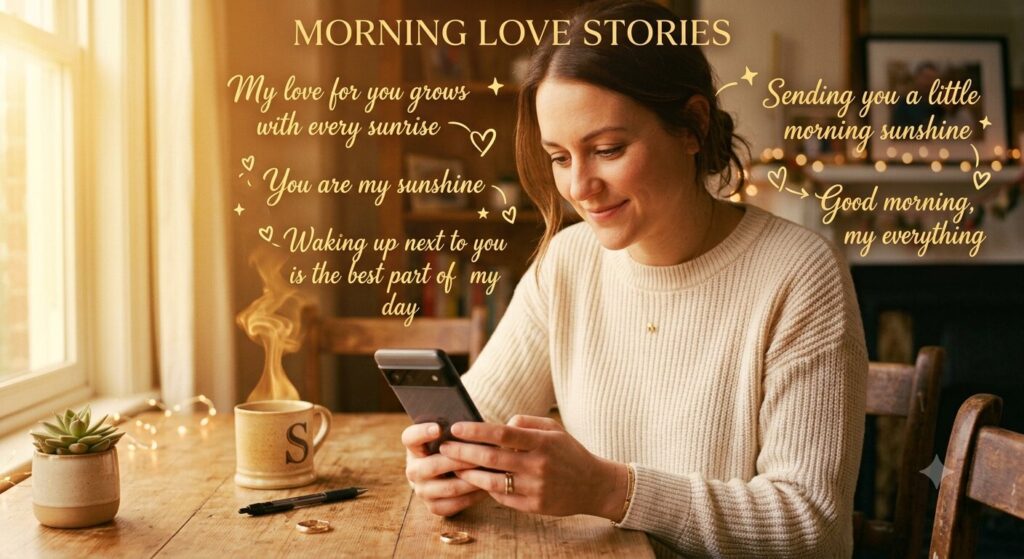 Good morning love quotes for my love written over a soft sunrise background