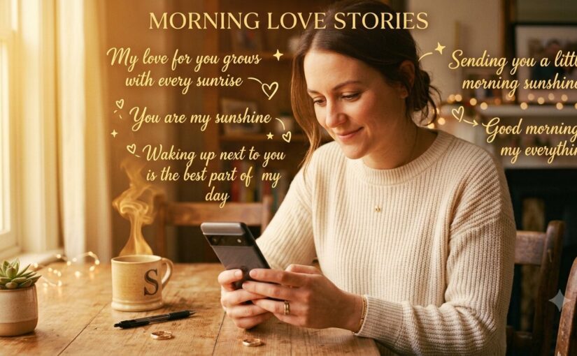 Good morning love quotes for my love written over a soft sunrise background