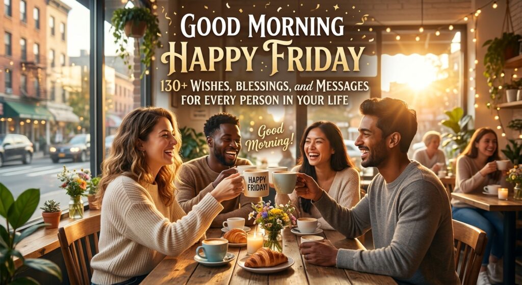 Good morning happy Friday greeting with warm sunrise background