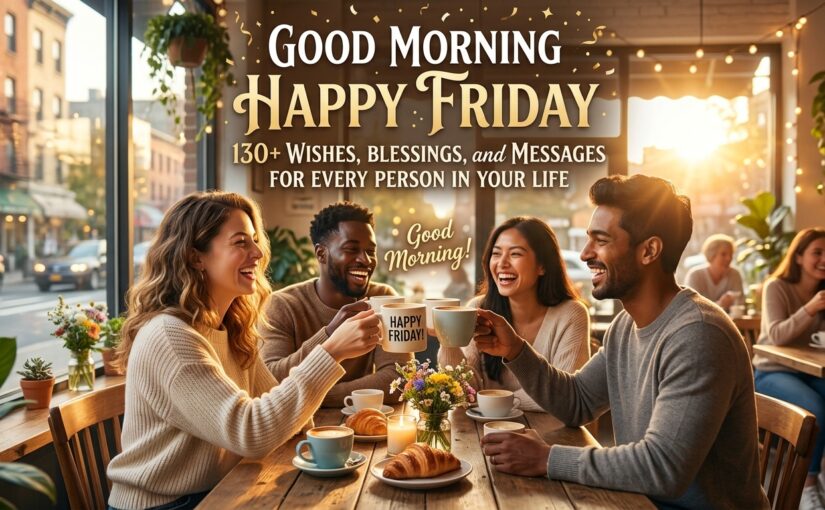 Good morning happy Friday greeting with warm sunrise background