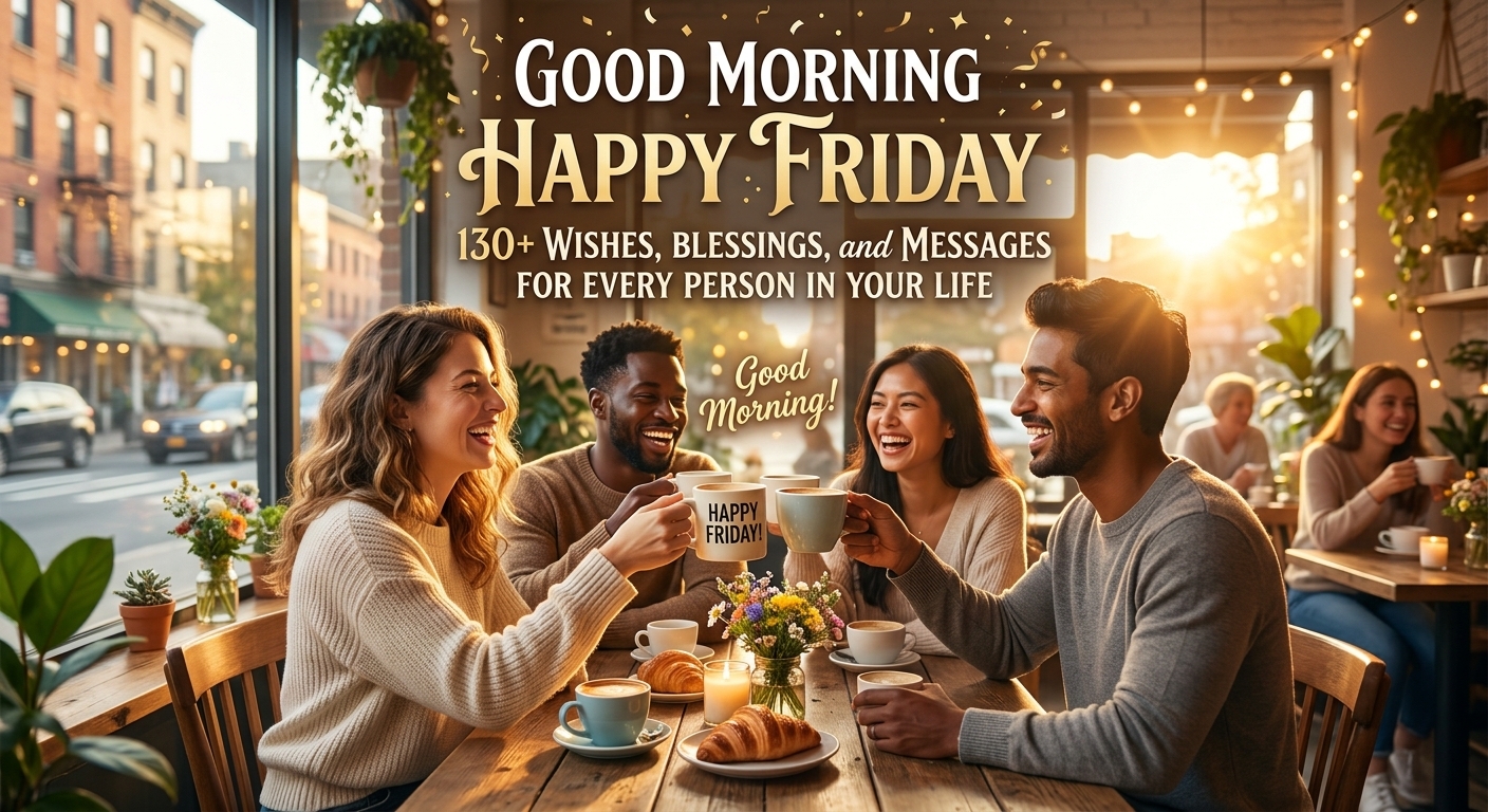 Good morning happy Friday greeting with warm sunrise background