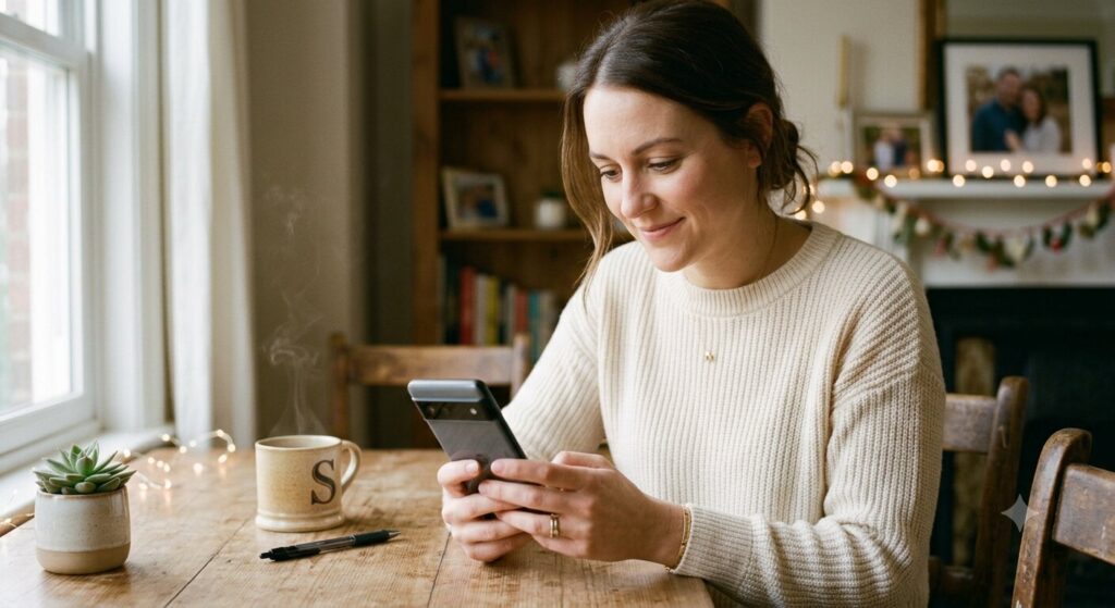 Wife smiling while texting a good morning message to her husband over morning coffee