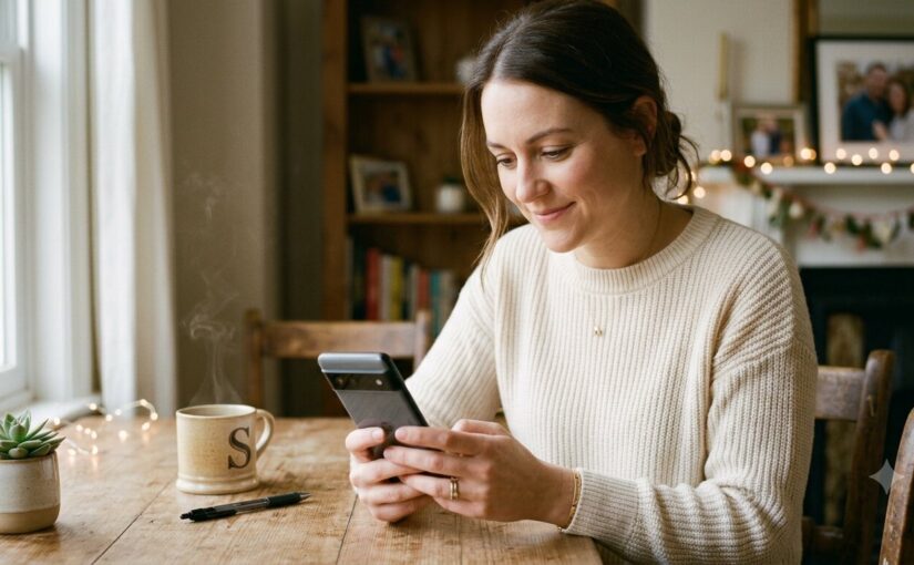 Wife smiling while texting a good morning message to her husband over morning coffee
