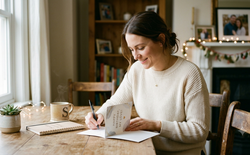 Wife writing a heartfelt happy birthday message in a card for her husband
