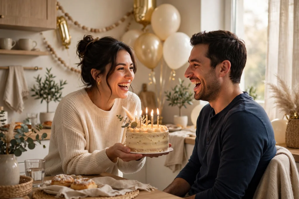 Wife embracing husband while celebrating his birthday at home