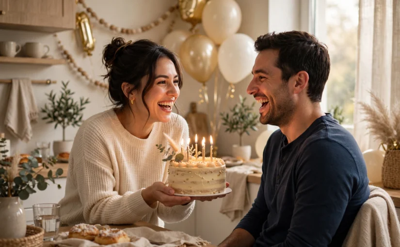 Wife embracing husband while celebrating his birthday at home