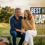 Husband and wife laughing together outdoors in casual clothing