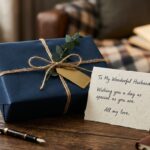 Wrapped gift box with a handwritten note, representing thoughtful gift ideas for husband