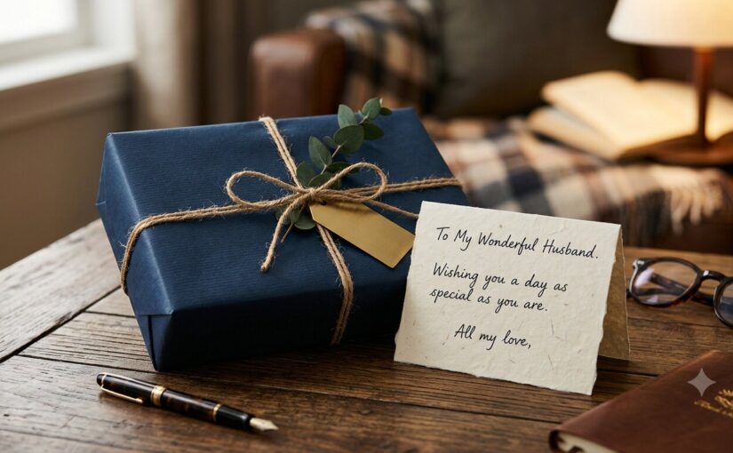 Wrapped gift box with a handwritten note, representing thoughtful gift ideas for husband