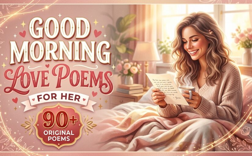 Woman smiling while reading a love message on her phone in the morning