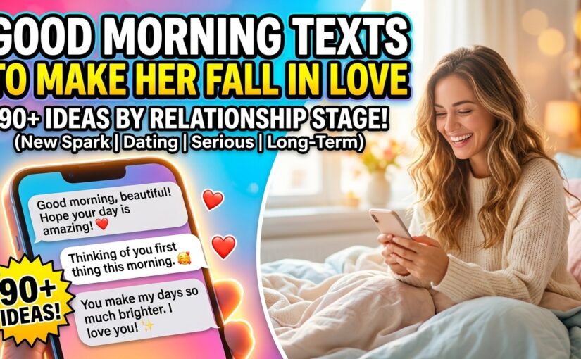Woman smiling while reading a good morning text on her phone in bed