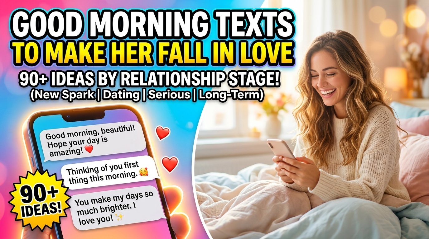 Woman smiling while reading a good morning text on her phone in bed