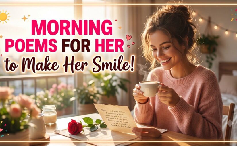 Woman smiling while reading a morning poem message on her phone in bed