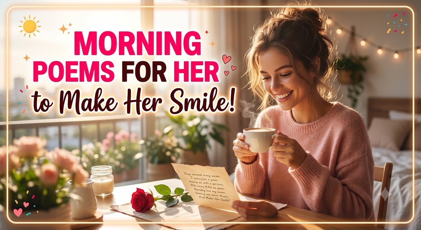 Woman smiling while reading a morning poem message on her phone in bed
