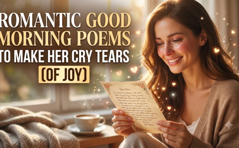 Romantic good morning poem written on a card beside morning coffee and sunlight