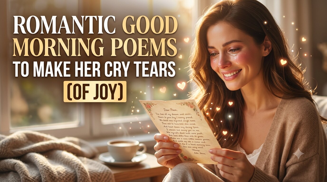 Romantic good morning poem written on a card beside morning coffee and sunlight