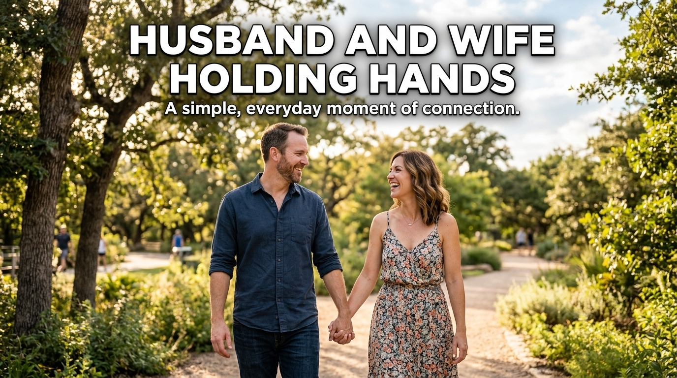 Husband and wife holding hands and smiling at each other outdoors
