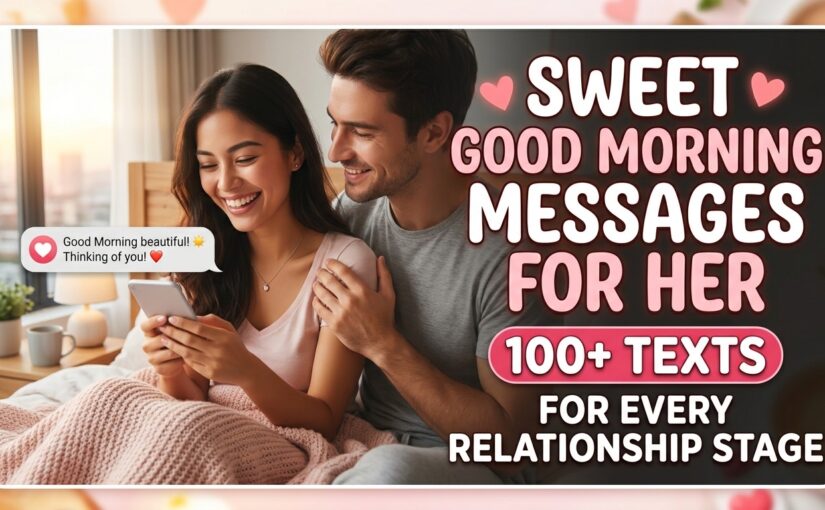 Woman smiling while reading a sweet morning text message on her phone