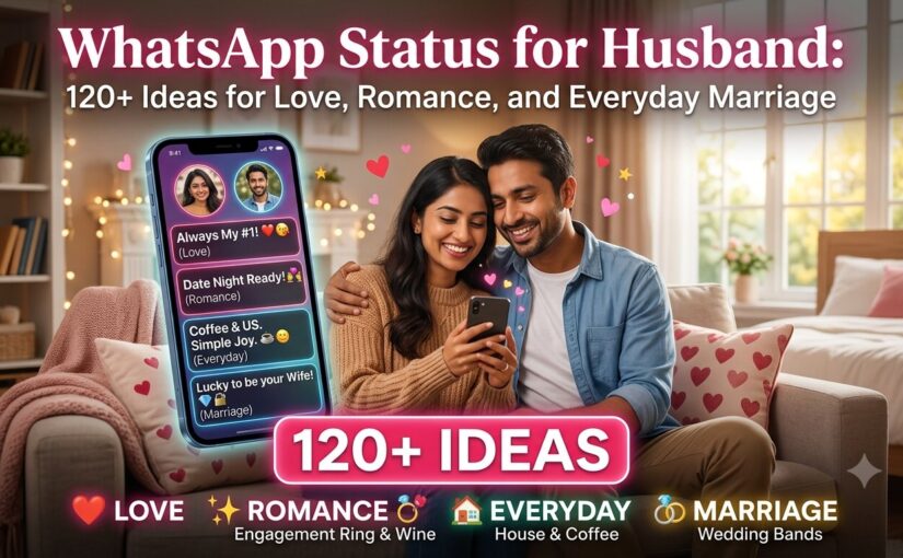 Woman smiling while typing a WhatsApp status message about her husband on her phone