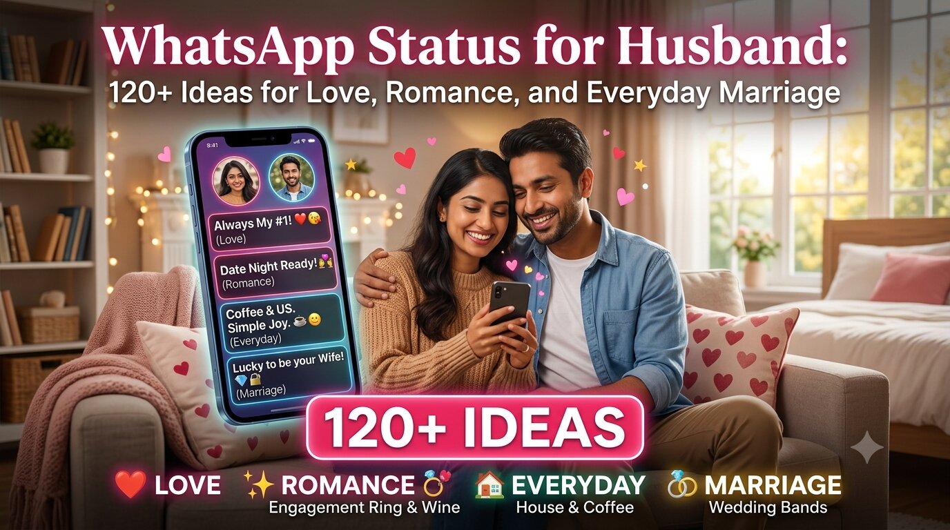 Woman smiling while typing a WhatsApp status message about her husband on her phone