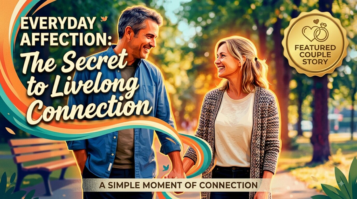 Husband and wife holding hands and smiling at each other outdoors