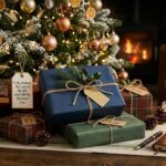 Wrapped Christmas gifts under a tree with a handwritten gift tag