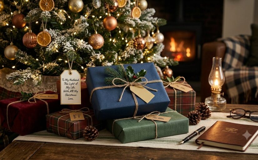 Wrapped Christmas gifts under a tree with a handwritten gift tag