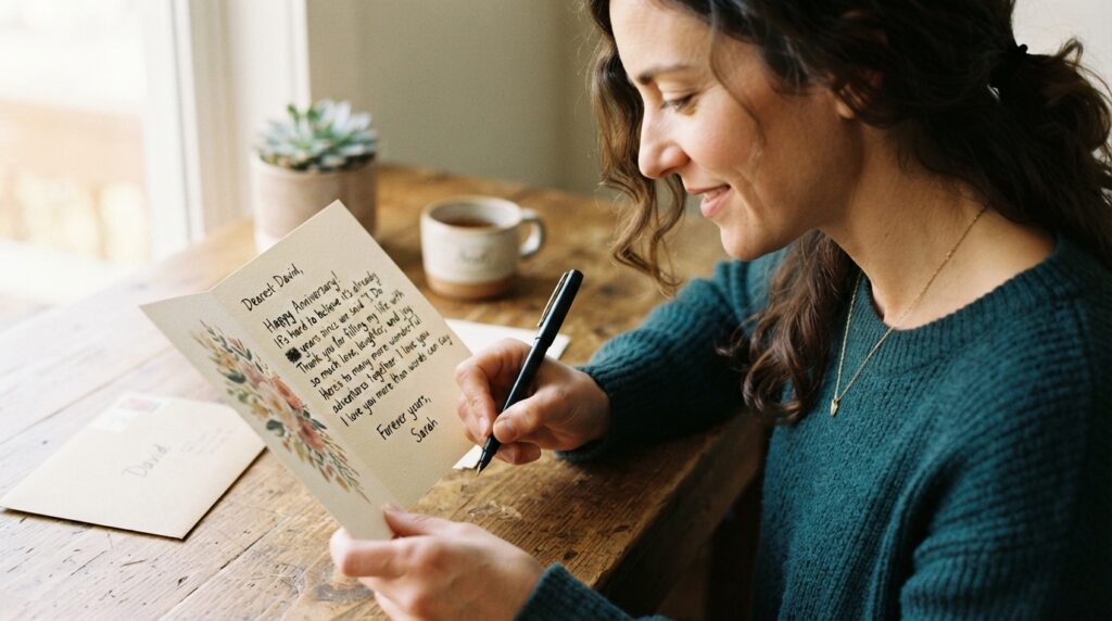 Woman writing a handwritten anniversary card at a table