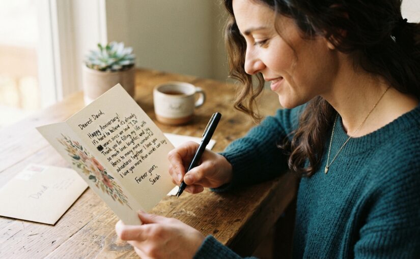 Woman writing a handwritten anniversary card at a table