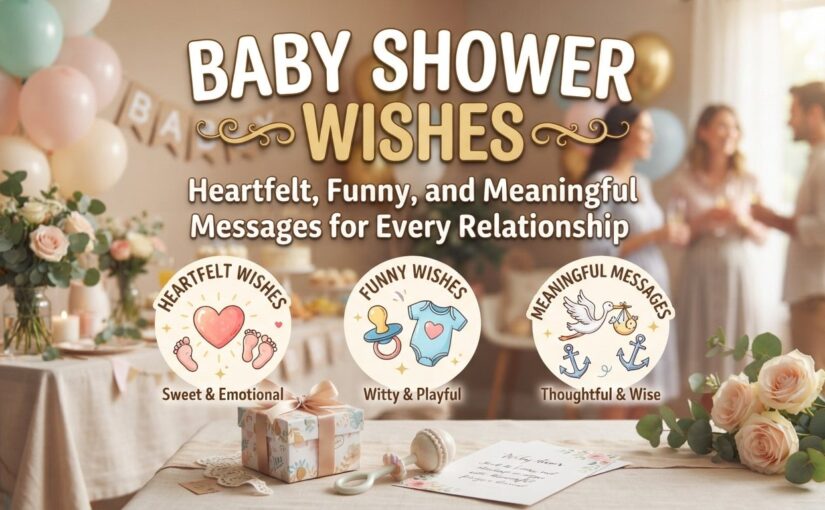 A warm, festive baby shower table setup decorated with pastel balloons, floral arrangements, gift boxes, and three circular badges highlighting heartfelt, funny, and meaningful baby shower wishes.