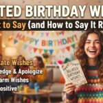 "BELATED BIRTHDAY WISHES: What to Say (and How to Say It Right!)". A cheerful woman in a patterned sweater holds a card and gift in front of a blurry party background with a "HAPPY BIRTHDAY!" banner. Text overlay lists "3 Tips for Late Wishes: 1. Acknowledge & Apologize, 2. Share Warm Wishes, 3. Keep it Positive!".