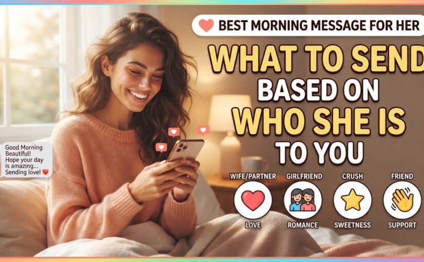 A smiling woman in bed looking at a text message on her phone, with title overlay "Best Morning Message for Her: What to Send Based on Who She Is to You" and category icons at the bottom.