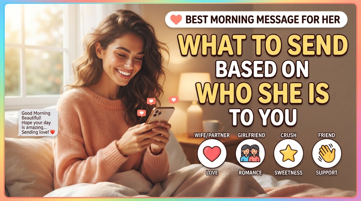 A smiling woman in bed looking at a text message on her phone, with title overlay "Best Morning Message for Her: What to Send Based on Who She Is to You" and category icons at the bottom.