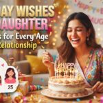 A cheerful birthday thumbnail for a blog post featuring a joyful young woman smiling at a lit cake, surrounded by gifts and confetti. Large gold and pink text reads "BIRTHDAY WISHES FOR DAUGHTER," with a subtitle "Messages for Every Age and Relationship." A diagram below shows cartoon avatars representing ages 2, 8, 16, and 25.