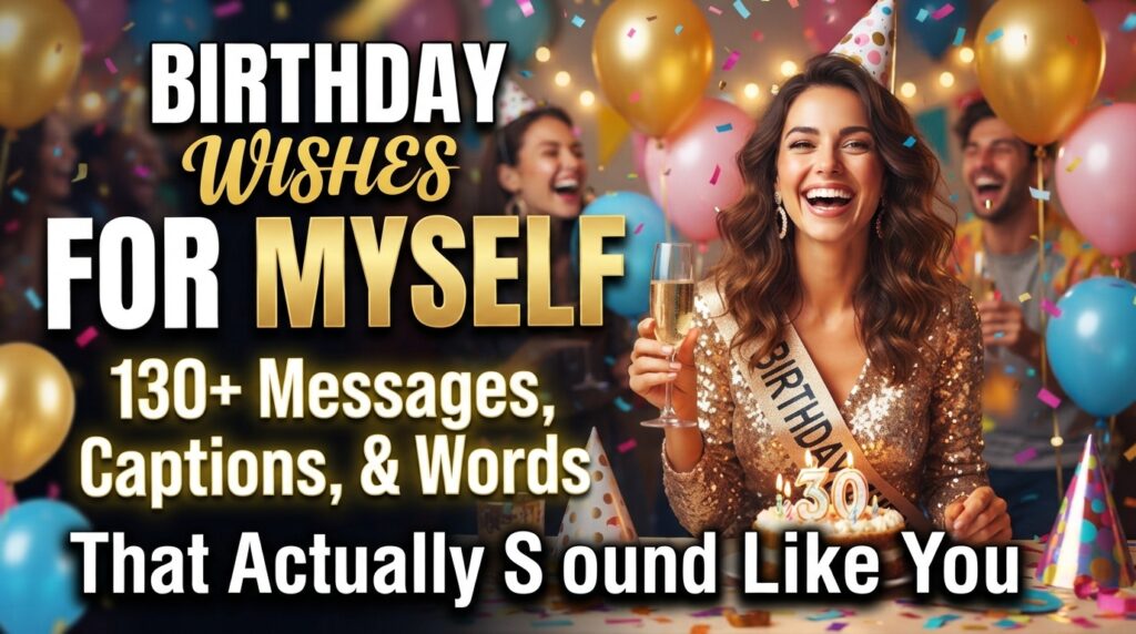 A joyful woman holding a glass of champagne at a birthday celebration with balloons and confetti, representing a blog post about birthday wishes for myself.