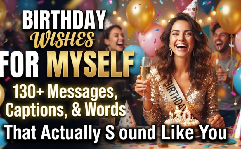 A joyful woman holding a glass of champagne at a birthday celebration with balloons and confetti, representing a blog post about birthday wishes for myself.