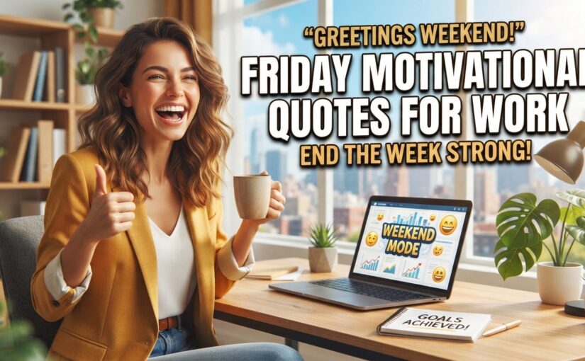 A joyful woman in a professional home office holding a coffee mug and giving a thumbs up, with a laptop showing "Weekend Mode" and bold text reading "Friday Motivational Quotes for Work".