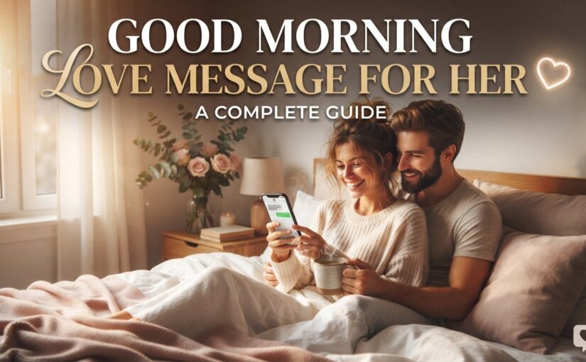 A smiling couple in bed, bathed in warm morning light, looking at a phone screen showing a text message. The woman holds a coffee mug, and the man cuddles her from behind. Text overlay reads 'GOOD MORNING LOVE MESSAGE FOR HER: A COMPLETE GUIDE'.