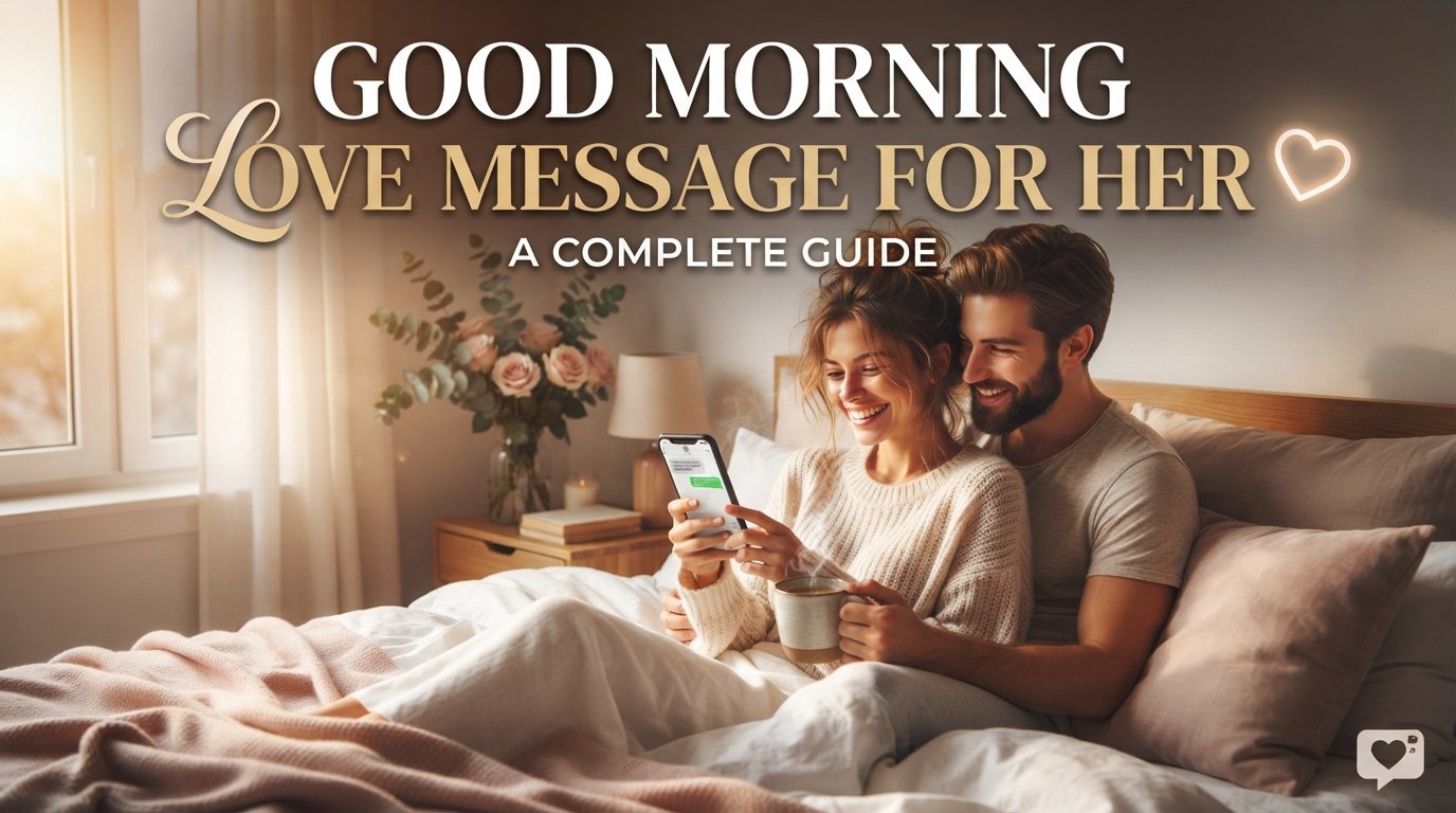 A smiling couple in bed, bathed in warm morning light, looking at a phone screen showing a text message. The woman holds a coffee mug, and the man cuddles her from behind. Text overlay reads 'GOOD MORNING LOVE MESSAGE FOR HER: A COMPLETE GUIDE'.