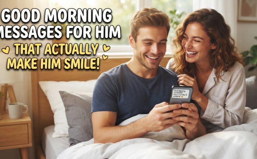 A happy couple sitting in bed smiling while reading a romantic good morning text message on a smartphone together.
