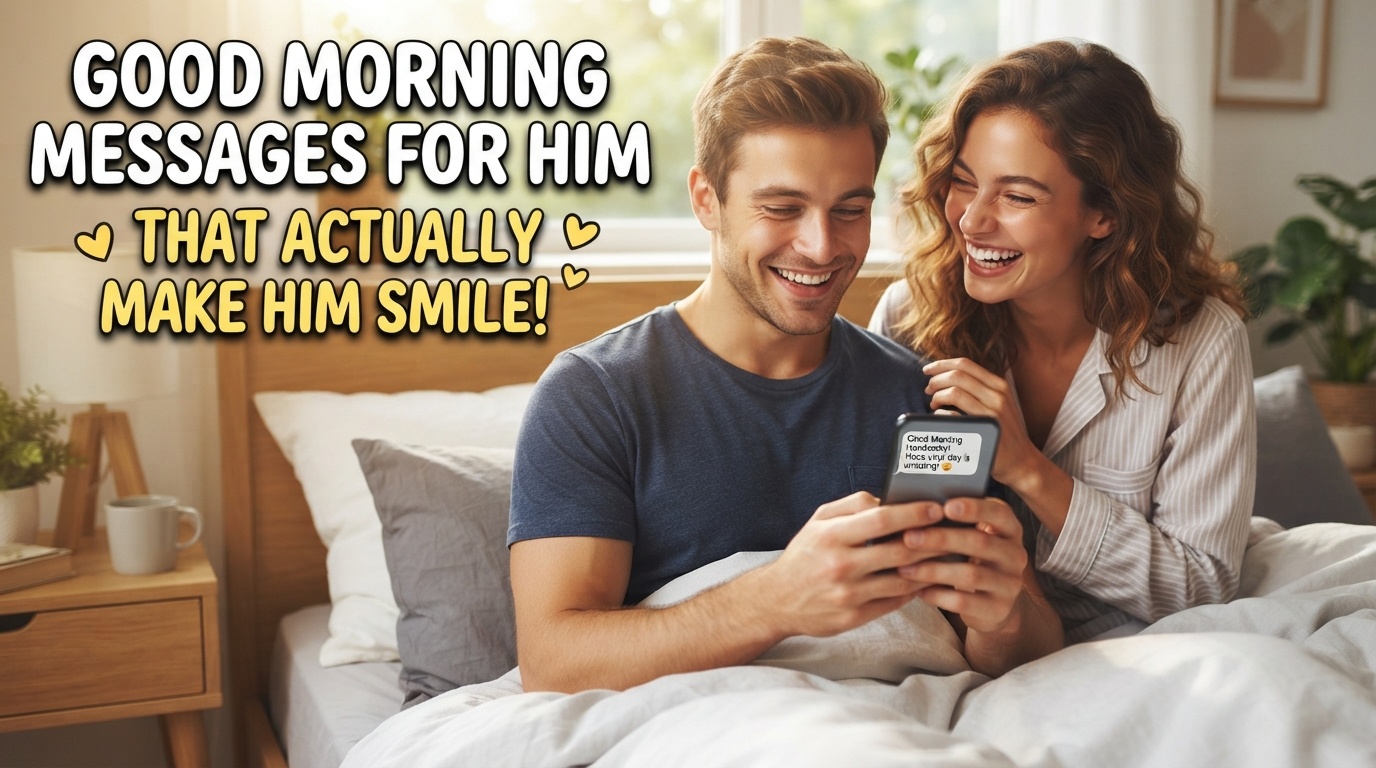 A happy couple sitting in bed smiling while reading a romantic good morning text message on a smartphone together.