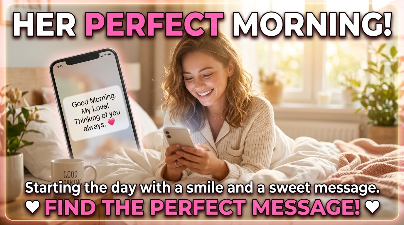 Woman smiling while reading a message on her phone in bed in the morning