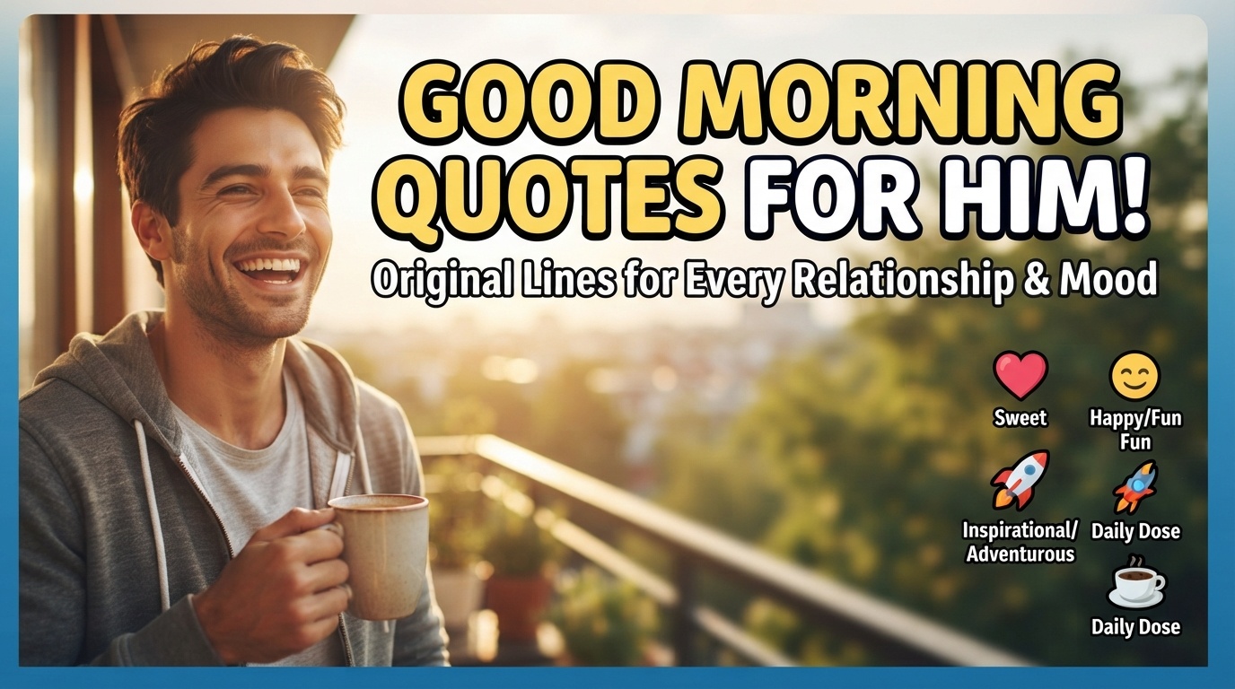 A smiling man on a sunny balcony holding a coffee mug, next to large text that reads "GOOD MORNING QUOTES FOR HIM!" and smaller icons categorized as "Sweet," "Happy/Fun," "Inspirational/Adventurous," and "Daily Dose."