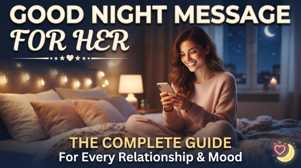 A woman in a cozy pink sweater sits on a bed at night, smiling happily as she reads a message on her smartphone. The background features soft string lights and a window view of a crescent moon. Bold text at the top reads "GOOD NIGHT MESSAGE FOR HER: THE COMPLETE GUIDE" with smaller text at the bottom saying "For Every Relationship & Mood."