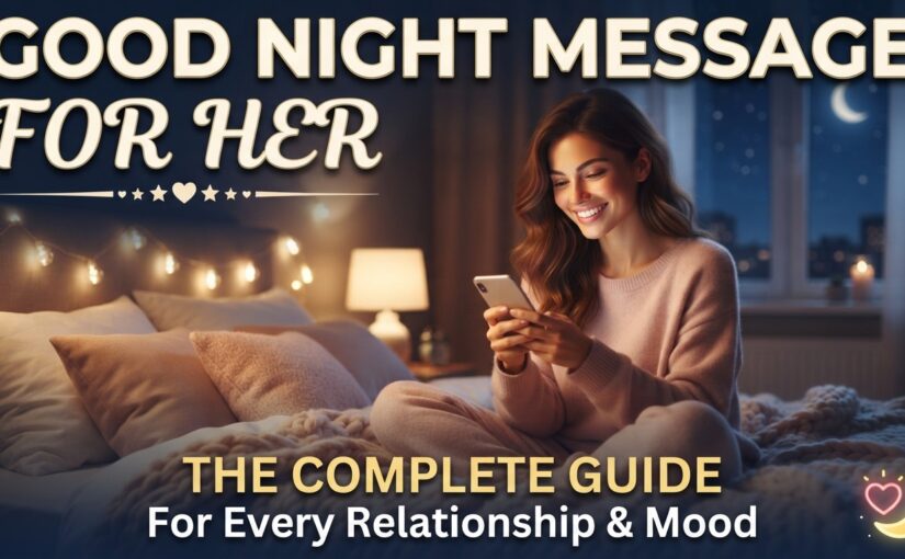 A woman in a cozy pink sweater sits on a bed at night, smiling happily as she reads a message on her smartphone. The background features soft string lights and a window view of a crescent moon. Bold text at the top reads "GOOD NIGHT MESSAGE FOR HER: THE COMPLETE GUIDE" with smaller text at the bottom saying "For Every Relationship & Mood."