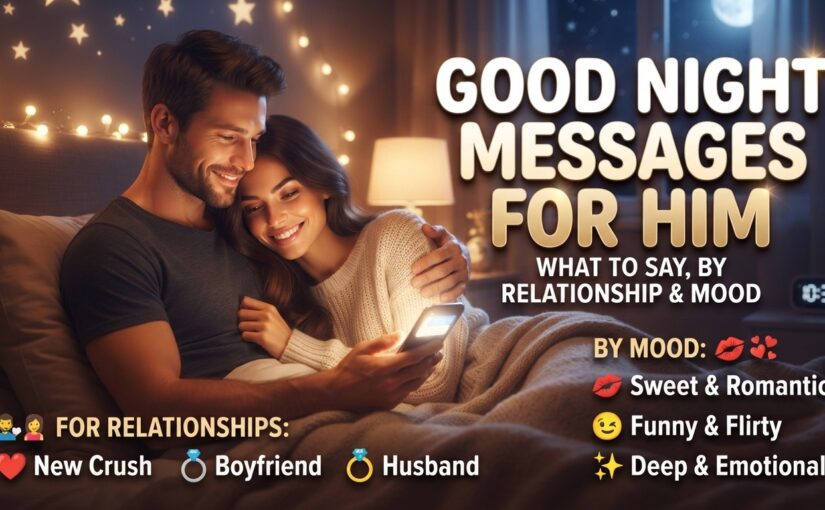 A smiling couple cuddling in bed at night, looking at a smartphone, with overlaid text categorized by relationship (New Crush, Boyfriend, Husband) and mood (Romantic, Flirty, Emotional).