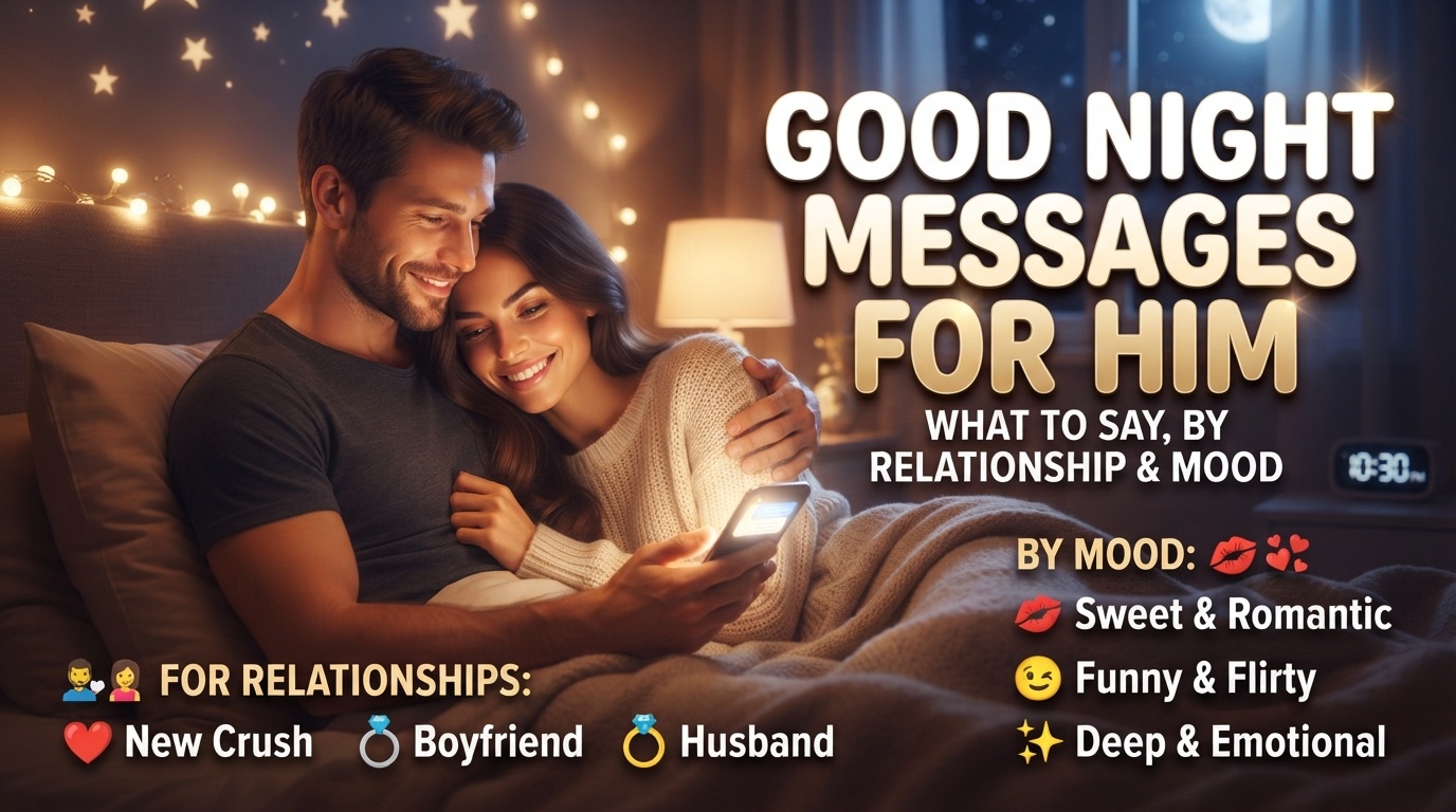 A smiling couple cuddling in bed at night, looking at a smartphone, with overlaid text categorized by relationship (New Crush, Boyfriend, Husband) and mood (Romantic, Flirty, Emotional).