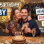 Happy birthday hubby celebration featuring a smiling couple with a birthday cake, drinks, and celebratory lights.
