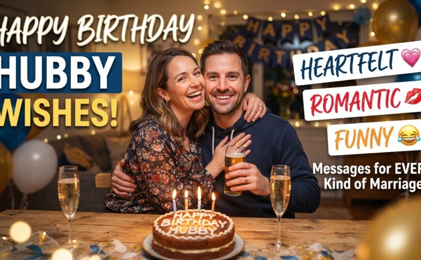 Happy birthday hubby celebration featuring a smiling couple with a birthday cake, drinks, and celebratory lights.