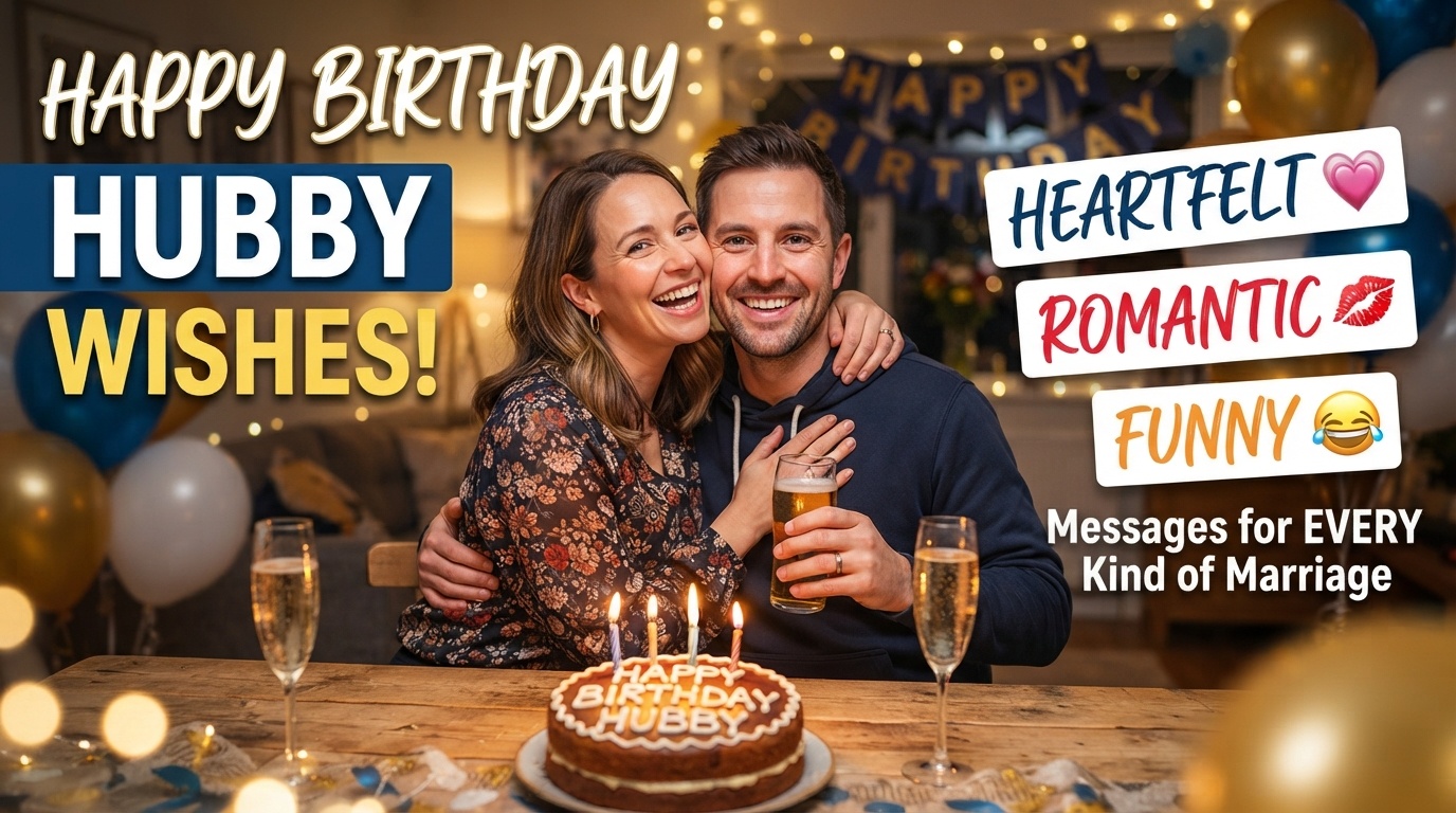 Happy birthday hubby celebration featuring a smiling couple with a birthday cake, drinks, and celebratory lights.
